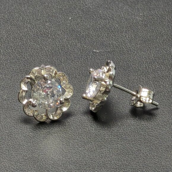Sparkling Silver Flower Stud Earrings With Cubic Zirconia (NWOT) - Picture 2 of 7